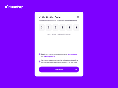 MoonPay - Enter Email Verification Code crypto email moonpay product design ui ux verification code wallet web3 widget