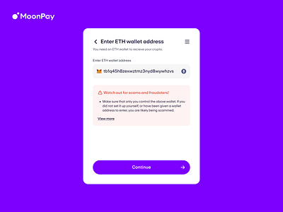 MoonPay - Enter Crypto Wallet Address + Scam Prevention Nudge crypto design moonpay product design scam prevention ui ux wallet web3 widget