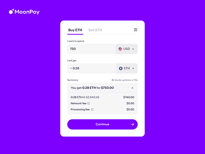 MoonPay - Checkout Initiation + Cost Breakdown checkout cost breakdown crypto design moonpay product design summary ui ux wallet web3 widget