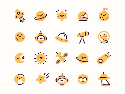 Space Icons alien asteroid character cute doodle earth flat hand drawn illustration line art logo planet robot rocket space star stickers vector