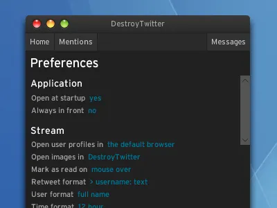 DestroyTwitter preferences application twitter ui