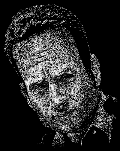 Caricature Resolution 2025 01. Andrew Lincoln andrew lincoln the walking dead black and white caricature illustration portrait scratchboard simon casey