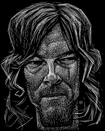 Caricature Resolution 2025 03. Norman Reedus black and white caricature illustration murphy macmanus norman reedus portrait scratchboard the walking dead