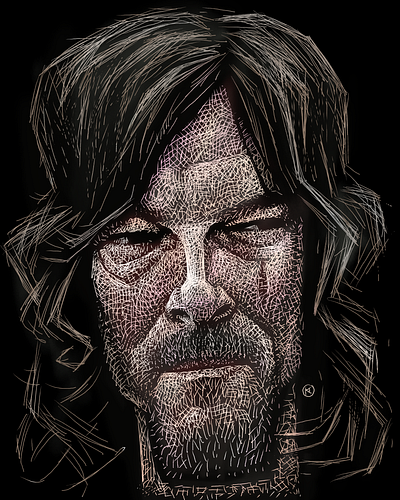 Caricature Resolution 2025 03. Norman Reedus black and white caricature illustration murphy macmanus norman reedus portrait scratchboard the walking dead