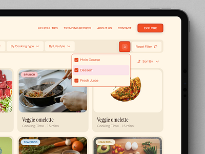 Filtering UI — Applied filter selection applied beige blog design dropdown filter food orange pink recipe tag ui website