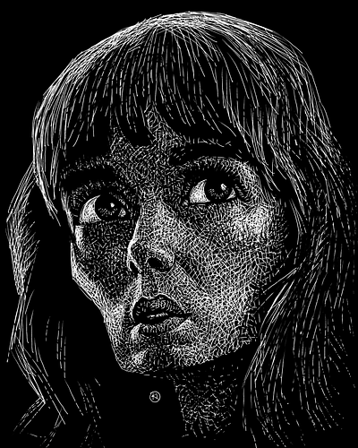 Caricature Resolution 2025. 16. Winona Ryder black and white caricature illustration joyce byers portrait scratchboard stranger things winona ryder