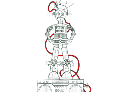 Chloe Rocks boombox illustration pencil robot