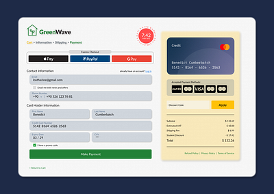 Green Wave - Check Out Page UI Web Design branding card ui check out page credit card information credit card preview design design system dribbble showcase eco friendly company ecommerce greenwave payment ui promo code integration shopping cart sustainability typography uiux design user experience user interface user interface design