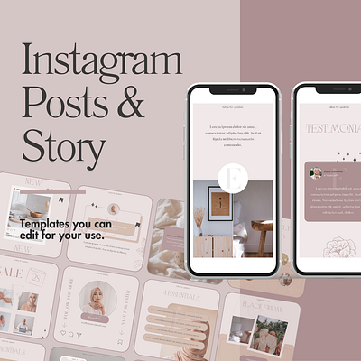 Ellie Instagram Posts & Story Beige Canva Editable Templates aesthetic instagram story