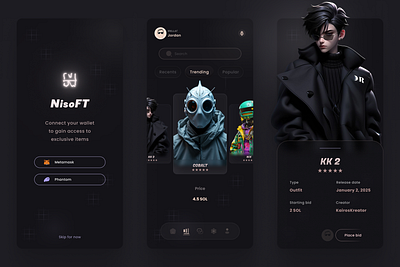 "NisoFT" NFT Listing App Page app inspiration app screen app ui design connect your wallet screen defi inspiration design challenge design inspiration metamask wallet nav bar nft listing nfts nfts inspiration phantom wallet solflare wallet trending screen trending section wallet web3 web3 app web3 design