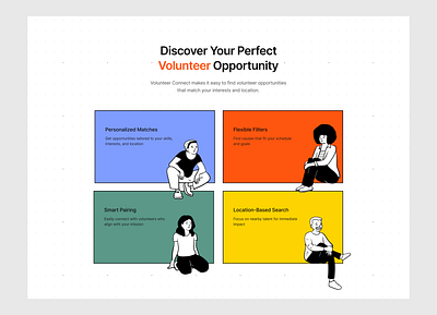Volunteer Connect Features (bento grid) design illustration landing page ui