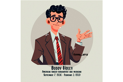 Buddy Holly Icon Elements Illustration artist cartoon celebrity character culture entertainment famous history icon legend music musician nostalgia performance pop portrait retro rock singer vintage