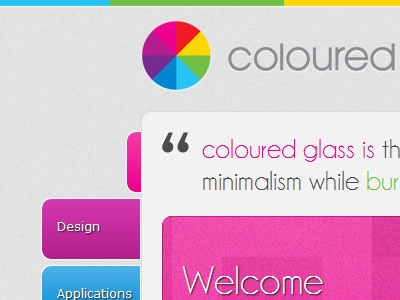 Coloured Glass UK drop shadow font face gradient multi coloured rounded corners texture vertical navigation website