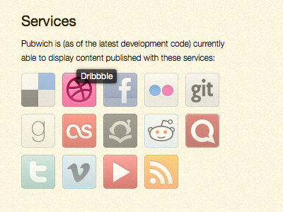 Pubwich icons delicious dribbble facebook flickr github icons lastfm pubwich reddit statusnet twitter vimeo youtube