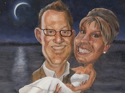 Brian and Megan caricature illustration painting wedding