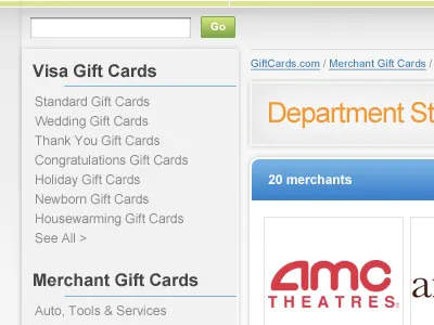 Old screenshot of gift card site ecommerce gift card