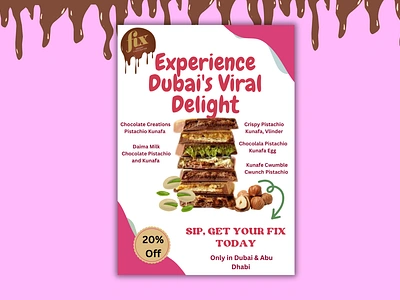 The fix dessert kunafa chocolate Poster design design dubai viral chocolate flyer design graphic design kunafa chocolate poster design social media post