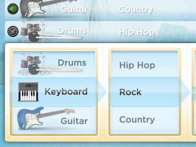Choose Instrument > Genre > Sample audio column facebook app flash instruments interface line music selectors texture woodgrain