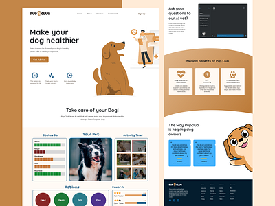 PupClub-AI Petcare Service ai chat website ai website branding dog website footer gaming website graphic design hero section illustration landing page medical website pet care website pet website testimonials ui design ux design vet website web design web design template