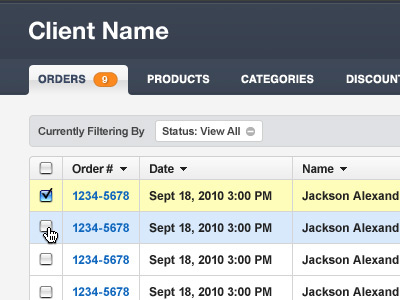 Order Fulfillment badge filter navigation sort table tabs