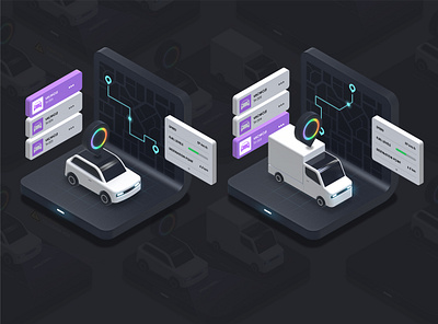 Illustrations for Fleet Management App 3d app ar branding car cargo cyber data design digital gps graphic design illustration isometric management taxi tech truck ui vechicle