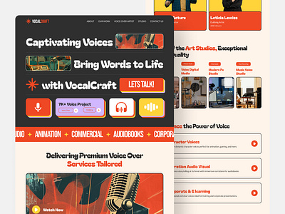 Voice Over Landing Page agency art creative design dubber entertainment figma graphic design landing page layout music podcast retro talent ui uiux vocal voice over web design website