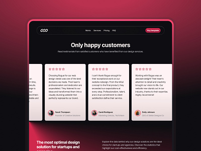 Rogue Testimonials - Subscription Agency Template (Framer) agency customer dark figma framer minimal modern portfolio red review section subscription template testimonial web design website