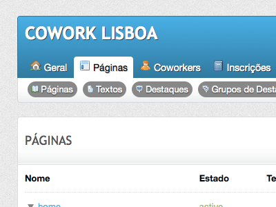Cowork Lisboa backoffice menu admin cms ui web