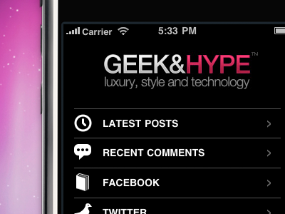 G&H iPhone app black geekhype iphone pink ui