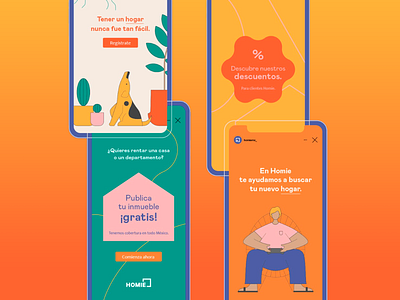 Homie App Brand Marketing app marketing blue brand brand identity branding bright colors color palette design digital digital design dog green illustrative brand mobile branding orange pink plants real estate brand spanish typography