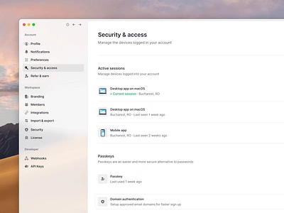 Security & access - Manage your active session 🔑 access account settings devices icons integrations kit laptop passkey saas security startup ui yc