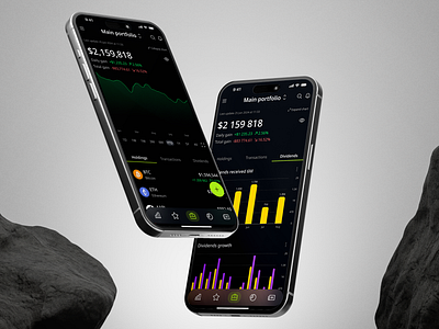 Investment Tracking App | Portfolio & Dividends Overview charts cryptocurrency daily ui dark mode dashboarddesign digitalwallet dividends financeapp fintech histogram chart investments line chart minimaldesign moderndesign portfolio productdesign trading ui ui trends ux