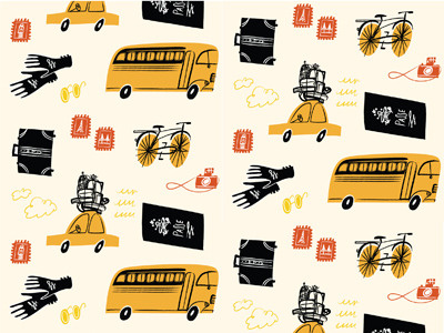 Repeating Travel Pattern bicycle bus camera car gloves passport retro travel vintage