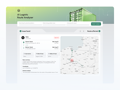 AI Logistics Route Analyzer ai analytics cargo container delivery logistic logistics map monitoring path product design risk management route shipment shipping transportation