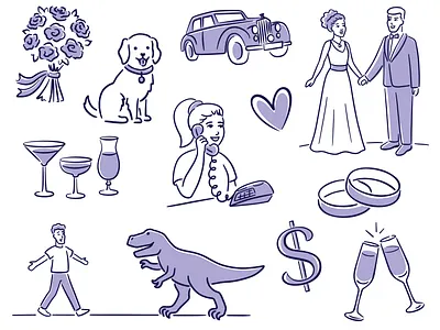 Wedding vector line art hand drawn illustrated pattern black and white couple cute dog drawing elegant event flowers icon set icons illustration line drawing lineart minimal pattern retro sophisticated vector vintage wedding