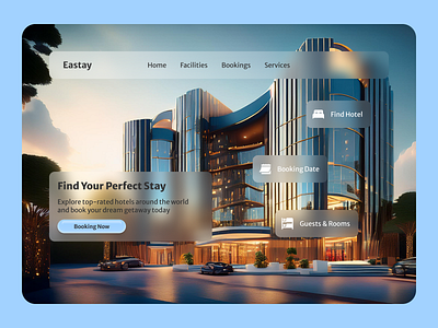 Eastay Booking Hotel Landing Page 3d button animation art booking branding calender date design glassmorsphim guest hotel icon illustration logo room ui