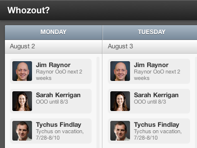 Whozout? attendance avatars black calendar css gradient gray helvetica neue less.js slate starcraft is real to me table