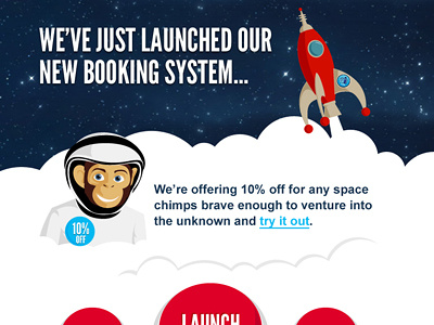 Umi Booking Email blue email html email illustration monkey red rocket space