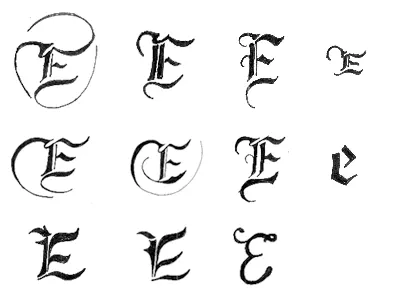 E Variations e hand drawn lettering old english sketch