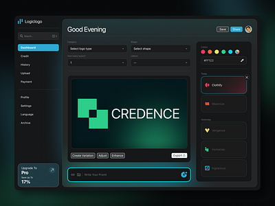 Ai Logo Generator UI 2025 website ai logo application design artificial intelligence cms content management system dark application dark mode futuristic application hero section logo based website logo generator neon effect ui user experience user interface web app web application web application design website application