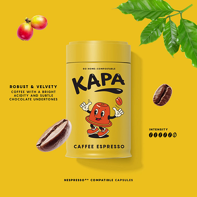 Kapa coffee in tin adobe illustrator after effects animation bio character coffee compostable food packaging illustration illustrator kapa label nespresso organic packaging pods sustainable tin