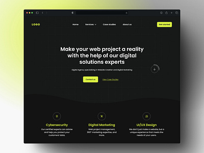 Landing Page Design bold branding clean dark theme design digital agency figma graphic design interface landing page lime modern ui uiux user experience ux vector web design website