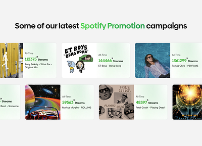 Spotify promotion campaign ads software ads advertisement artist campaing campaings carrousel green landing page landingpage light mode music software playlist promotion saas software spotify web design web section webdesign website