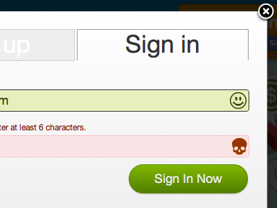 Sign In with Skull and Smiley validations button form green pink red sign in skull smiley susi validations white