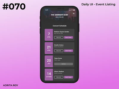 DailyUI 070 - Event Listing band concert dailychallenge dailyui dark mode design event listing figma mobile mobile ui music product design schedule ui ui design uiux ux ux design