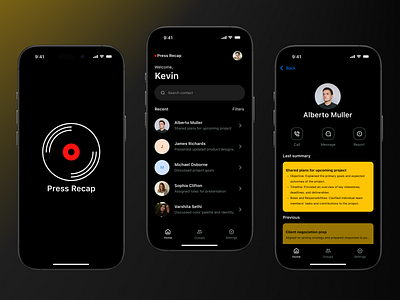 Press Recap App ai application app branding call app call managment concept conversation insights dark app dark theme app ui