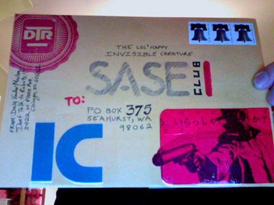 Invisible Creature SASE Club blue collage envelope red stamp texture