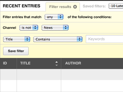 Filtering recent entries w/ close tab eecms tables ui