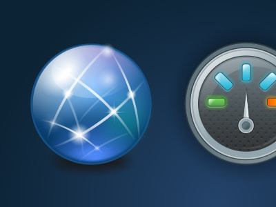 Next draft of icon set globe glow icons meter orb