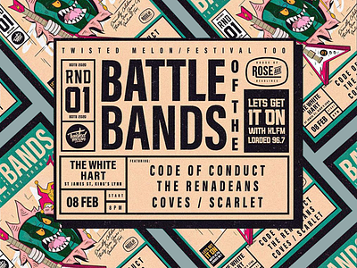 Battle of the Bands - Illustration abstract patterns band battle bold typography card design card mockup cartoon character colorful design event event branding festival frame graphic design illustration illustration design lettering text style typography vintage